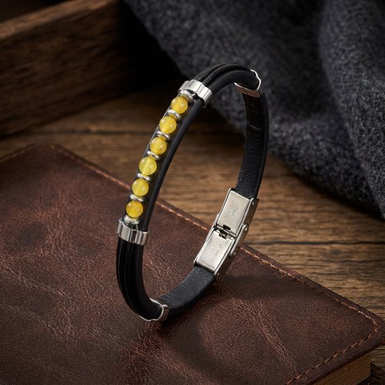 Sarı Akik Taşlı Deri Erkek Bileklik
