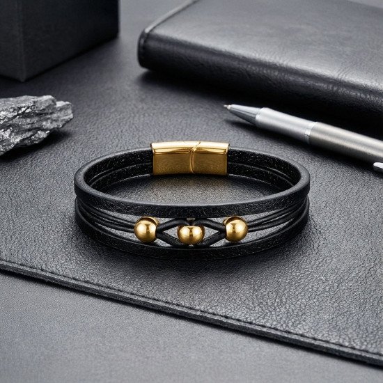 Premium sarı çelik top detaylı siyah deri erkek bileklik