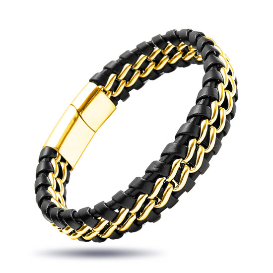 Çift Zincir Çelik & Deri Bileklik – Gold Maskülen Tasarım