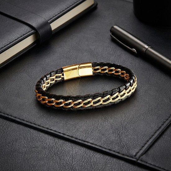 Çift Zincir Çelik & Deri Bileklik – Gold Maskülen Tasarım