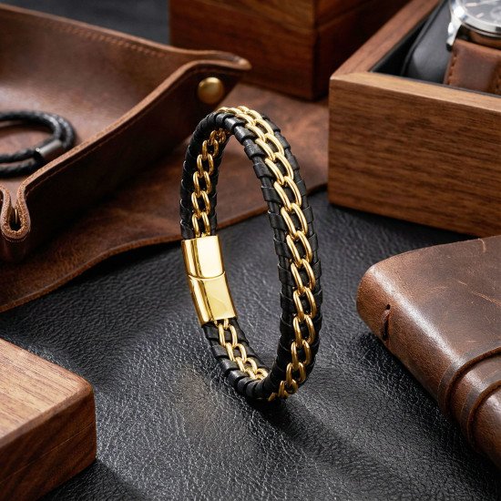 Çift Zincir Çelik & Deri Bileklik – Gold Maskülen Tasarım