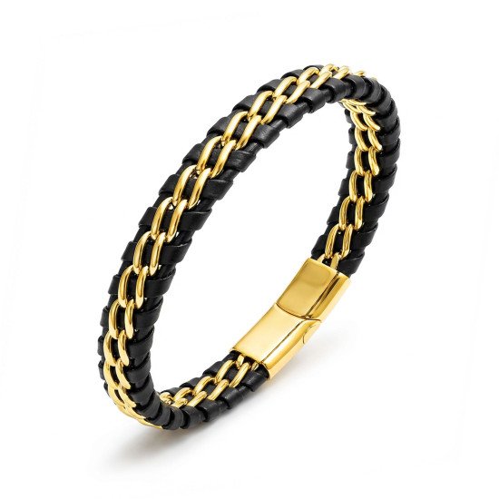 Çift Zincir Çelik & Deri Bileklik – Gold Maskülen Tasarım