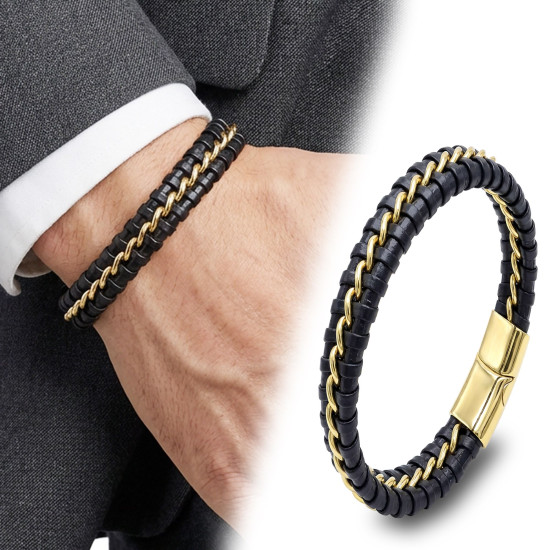 Tek Zincir Çelik & Deri Bileklik – Gold Maskülen Tasarım