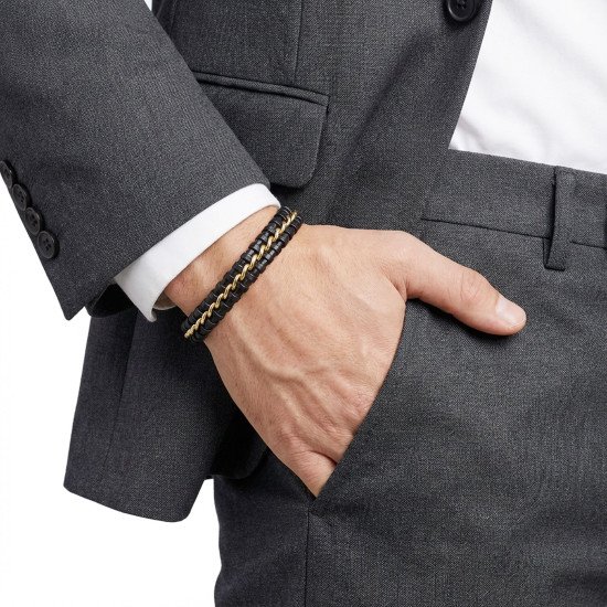 Tek Zincir Çelik & Deri Bileklik – Gold Maskülen Tasarım