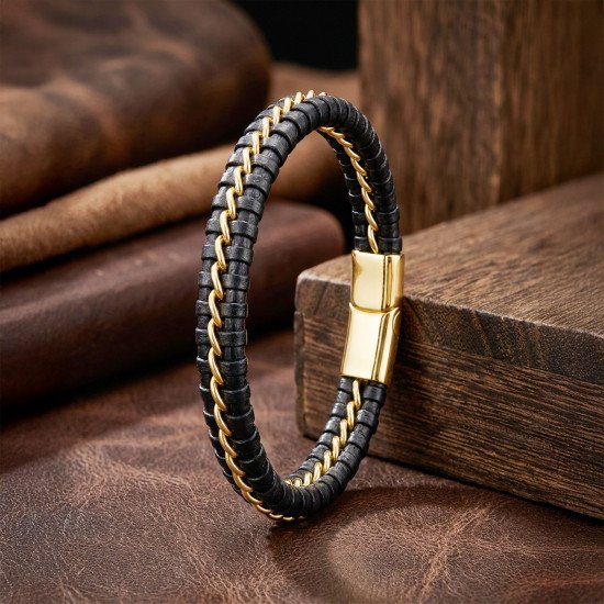 Tek Zincir Çelik & Deri Bileklik – Gold Maskülen Tasarım