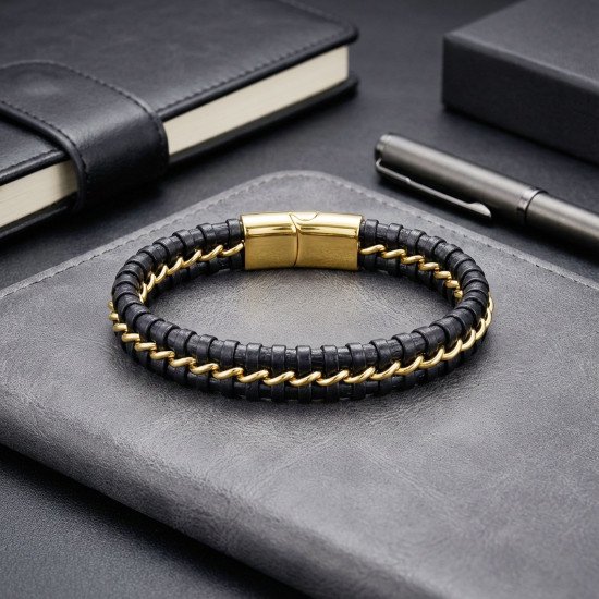 Tek Zincir Çelik & Deri Bileklik – Gold Maskülen Tasarım