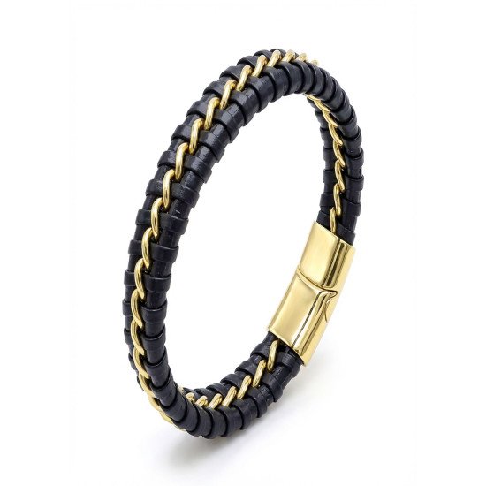 Tek Zincir Çelik & Deri Bileklik – Gold Maskülen Tasarım