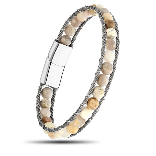 Sedef Doğal Taş ve Çelik Halat Örgü Erkek Bileklik