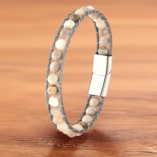 Sedef Doğal Taş ve Çelik Halat Örgü Erkek Bileklik