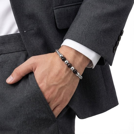 Siyah beyaz çelik top detaylı ayarlanabilir erkek bileklik