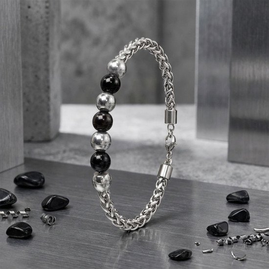Siyah beyaz çelik top detaylı ayarlanabilir erkek bileklik