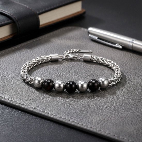 Siyah beyaz çelik top detaylı ayarlanabilir erkek bileklik