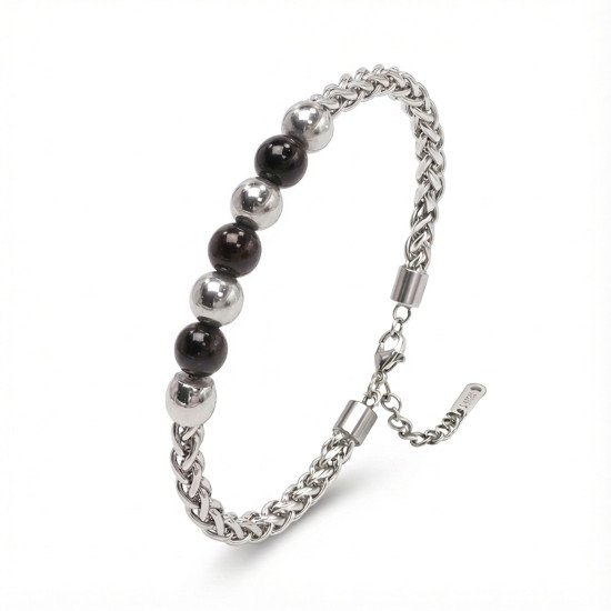 Siyah beyaz çelik top detaylı ayarlanabilir erkek bileklik