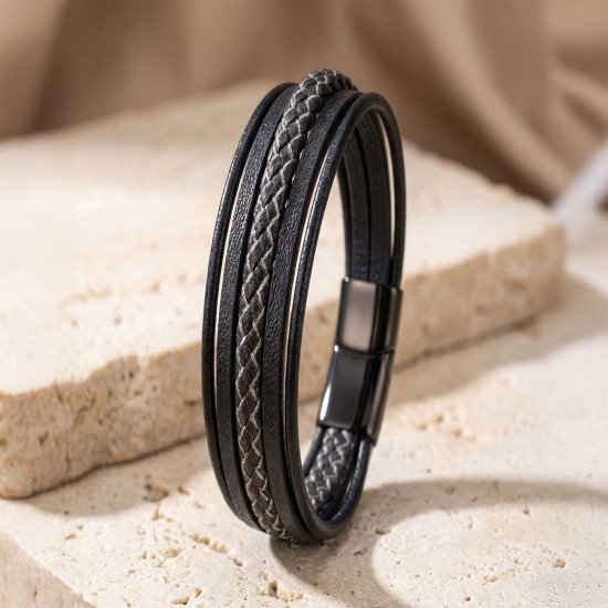 Siyah beyaz çoklu deri bileklik modeli Siyah beyaz çoklu deri erkek bileklik