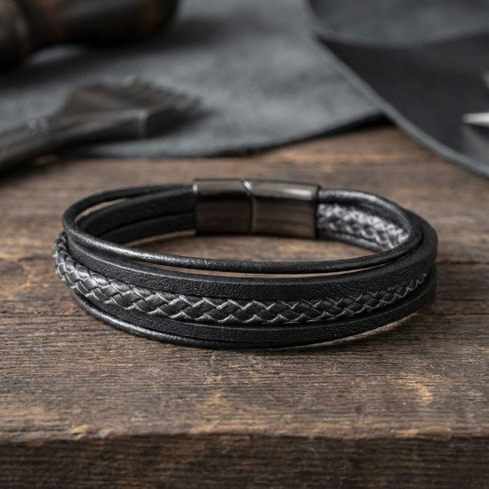 Siyah beyaz çoklu deri bileklik modeli Siyah beyaz çoklu deri erkek bileklik