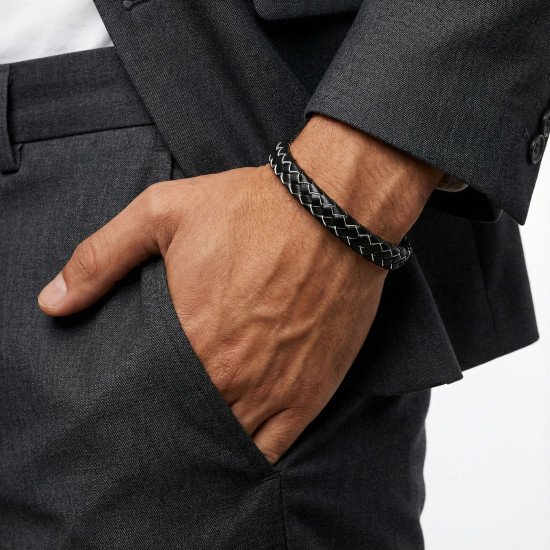 Siyah Beyaz Deri Örgü Çelik Erkek Bileklik siyah beyaz deri örgü çelik erkek bileklik