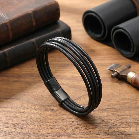 Siyah Çoklu Deri Erkek Bileklik