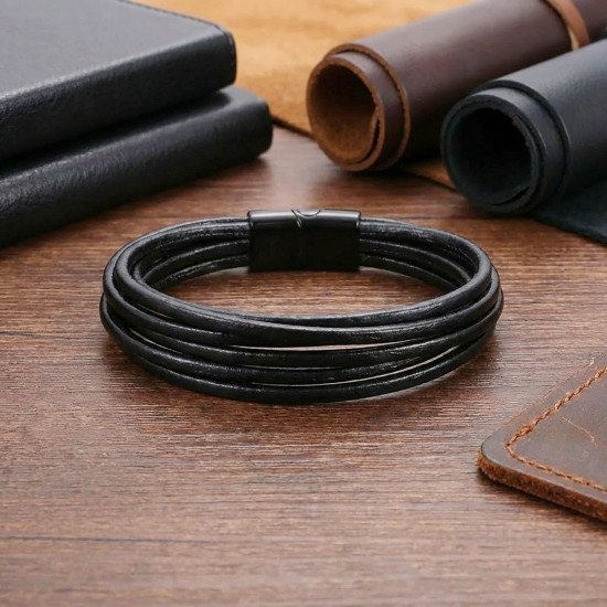 Siyah Çoklu Deri Erkek Bileklik