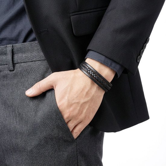 Siyah Deri El Örgüsü Manyetik Kilitli Erkek Bileklik