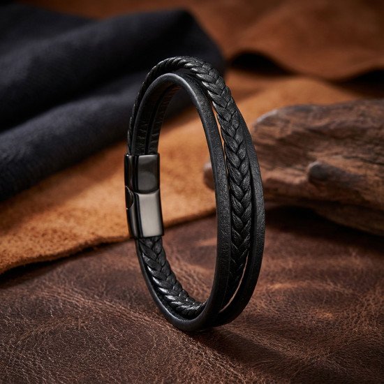 Siyah Deri El Örgüsü Manyetik Kilitli Erkek Bileklik