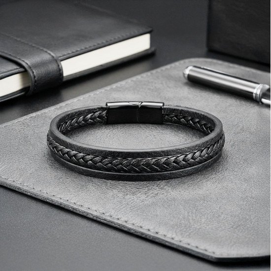 Siyah Deri El Örgüsü Manyetik Kilitli Erkek Bileklik
