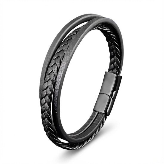 Siyah Deri El Örgüsü Manyetik Kilitli Erkek Bileklik