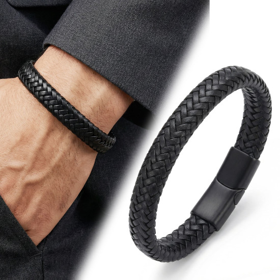 Siyah El Örgüsü Deri Çelik Kilitli Erkek Bileklik Siyah El Örgüsü Deri Çelik Kilitli Erkek Bileklik