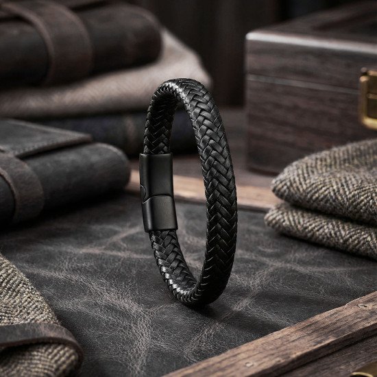 Siyah El Örgüsü Deri Çelik Kilitli Erkek Bileklik Siyah El Örgüsü Deri Çelik Kilitli Erkek Bileklik