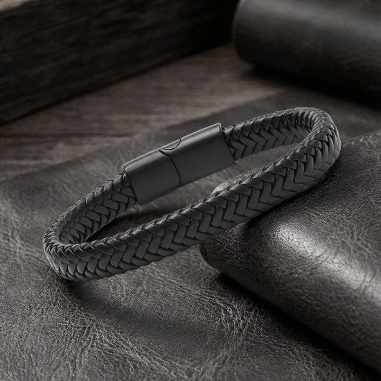 Siyah El Örgüsü Deri Çelik Kilitli Erkek Bileklik Siyah El Örgüsü Deri Çelik Kilitli Erkek Bileklik