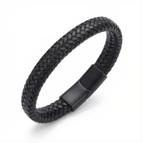 Siyah El Örgüsü Deri Çelik Kilitli Erkek Bileklik Siyah El Örgüsü Deri Çelik Kilitli Erkek Bileklik