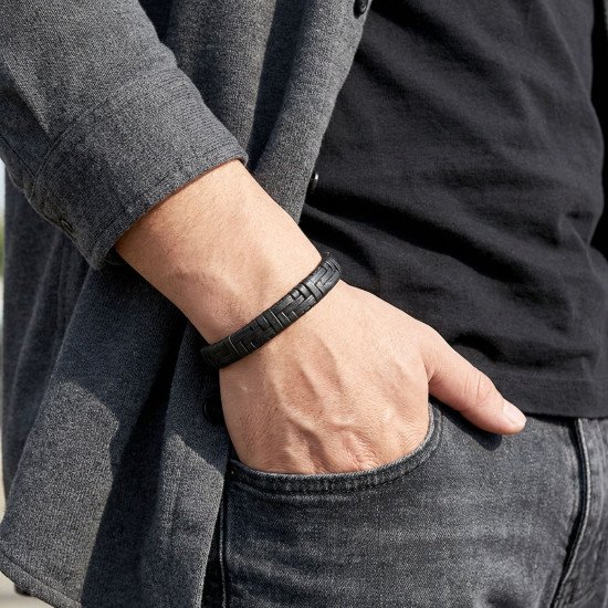 Siyah Deri Örgü ve Çelik Erkek Bileklik