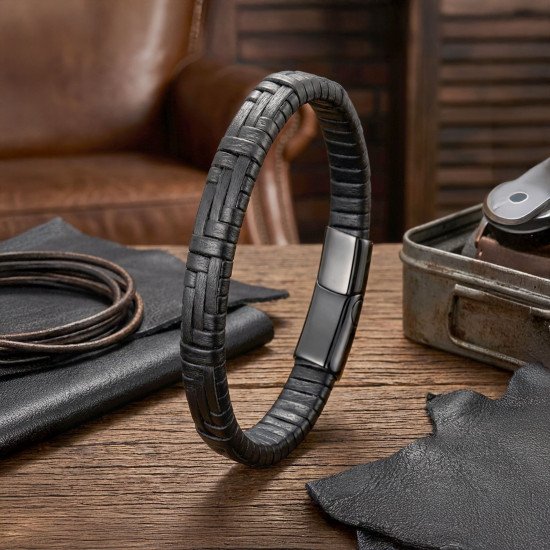 Siyah Deri Örgü ve Çelik Erkek Bileklik