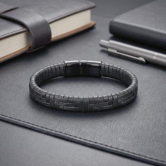 Siyah Deri Örgü ve Çelik Erkek Bileklik