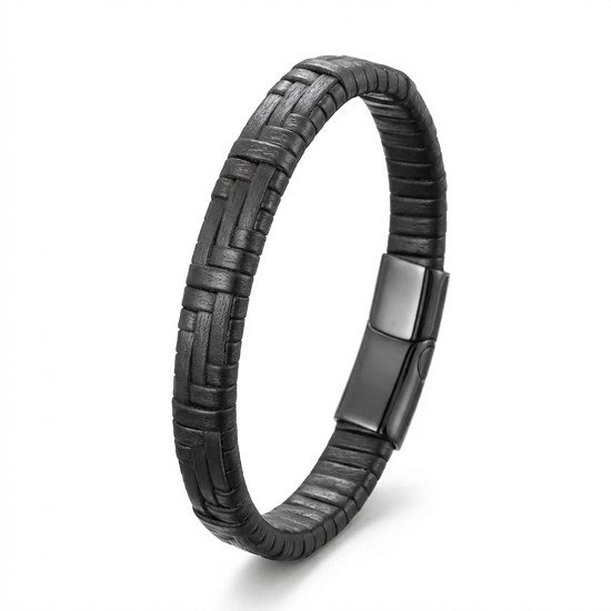 Siyah Deri Örgü ve Çelik Erkek Bileklik
