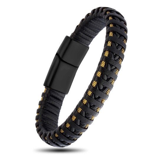 Modern Erkek Hasır Örgü Gold Paslanmaz Çelik + Doğal Deri Bileklik