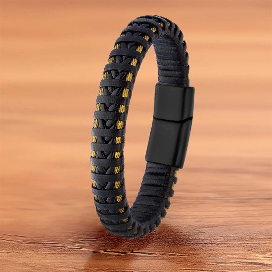 Modern Erkek Hasır Örgü Gold Paslanmaz Çelik + Doğal Deri Bileklik