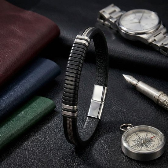 Premium siyah deri ve 316L halat çelik erkek bileklik