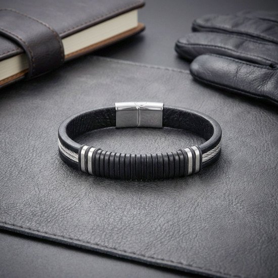 Premium siyah deri ve 316L halat çelik erkek bileklik