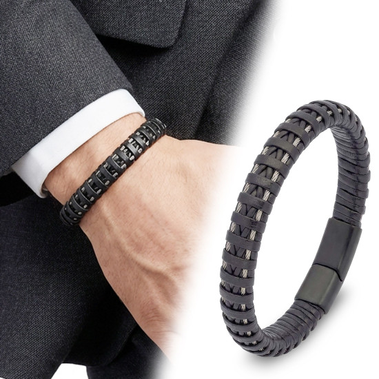 Modern Erkek Hasır Örgü Paslanmaz Çelik + Doğal Deri Bileklik