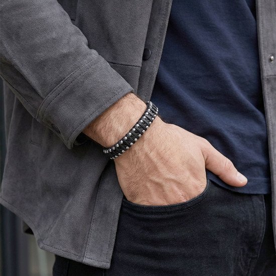 Siyah El Örgüsü Deri ve Damla Çelik Erkek Bileklik