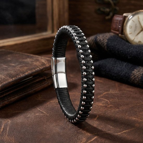 Siyah El Örgüsü Deri ve Damla Çelik Erkek Bileklik