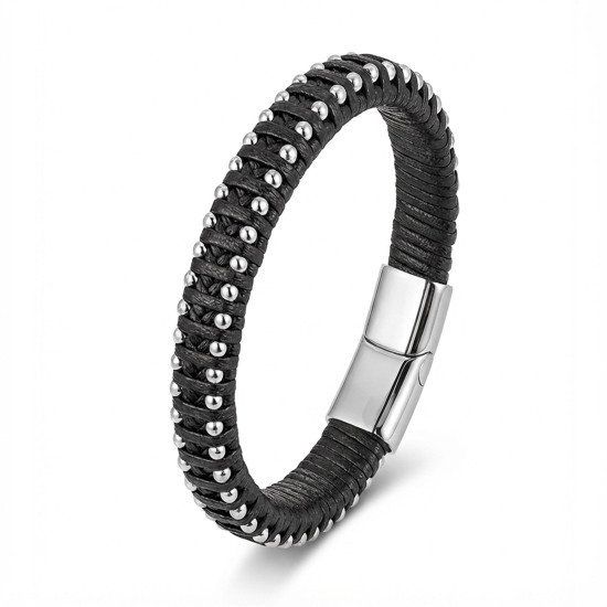 Siyah El Örgüsü Deri ve Damla Çelik Erkek Bileklik