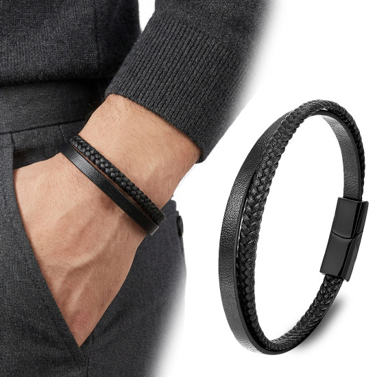 Siyah El Örgüsü Deri Erkek Bileklik Siyah El Örgüsü Deri Erkek Bileklik