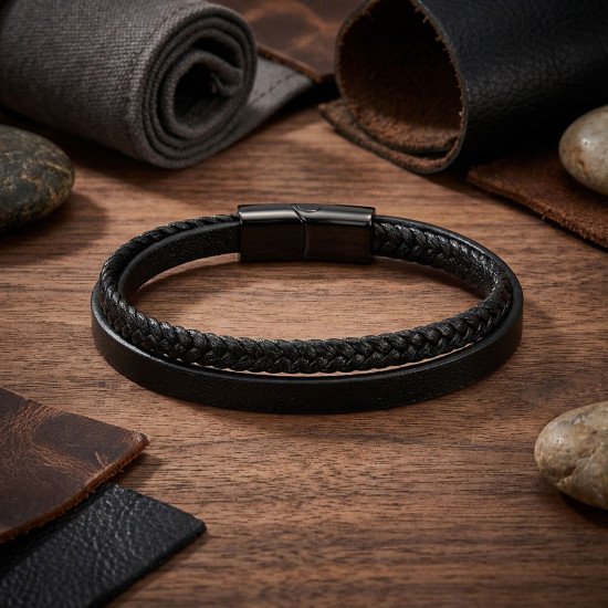 Siyah El Örgüsü Deri Erkek Bileklik Siyah El Örgüsü Deri Erkek Bileklik