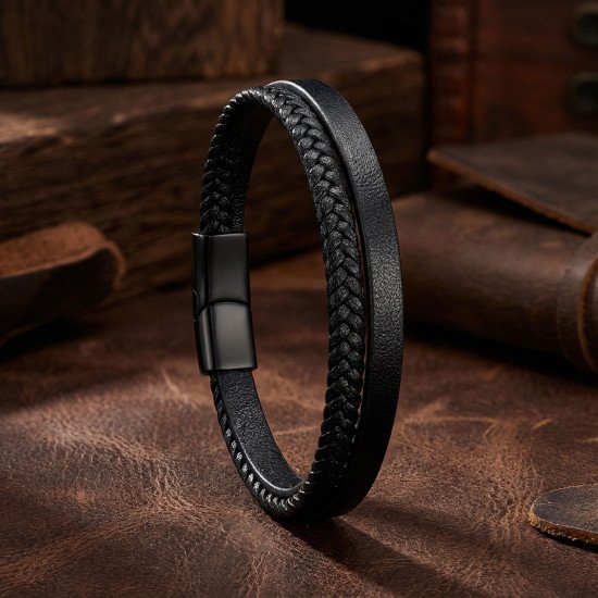 Siyah El Örgüsü Deri Erkek Bileklik Siyah El Örgüsü Deri Erkek Bileklik