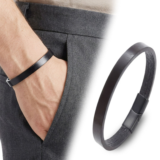 Siyah Mat Deri Detaylı Çelik Kilitli Erkek Bileklik
