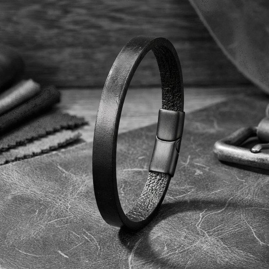 Siyah Mat Deri Detaylı Çelik Kilitli Erkek Bileklik