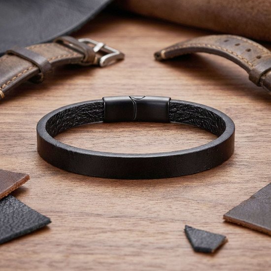 Siyah Mat Deri Detaylı Çelik Kilitli Erkek Bileklik