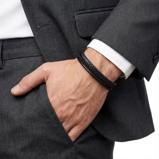 Siyah çoklu deri erkek bileklik