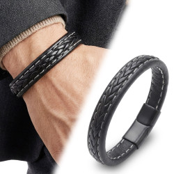 Siyah Örgü Deri ve Kontrast Dikiş Detaylı Erkek Bileklik